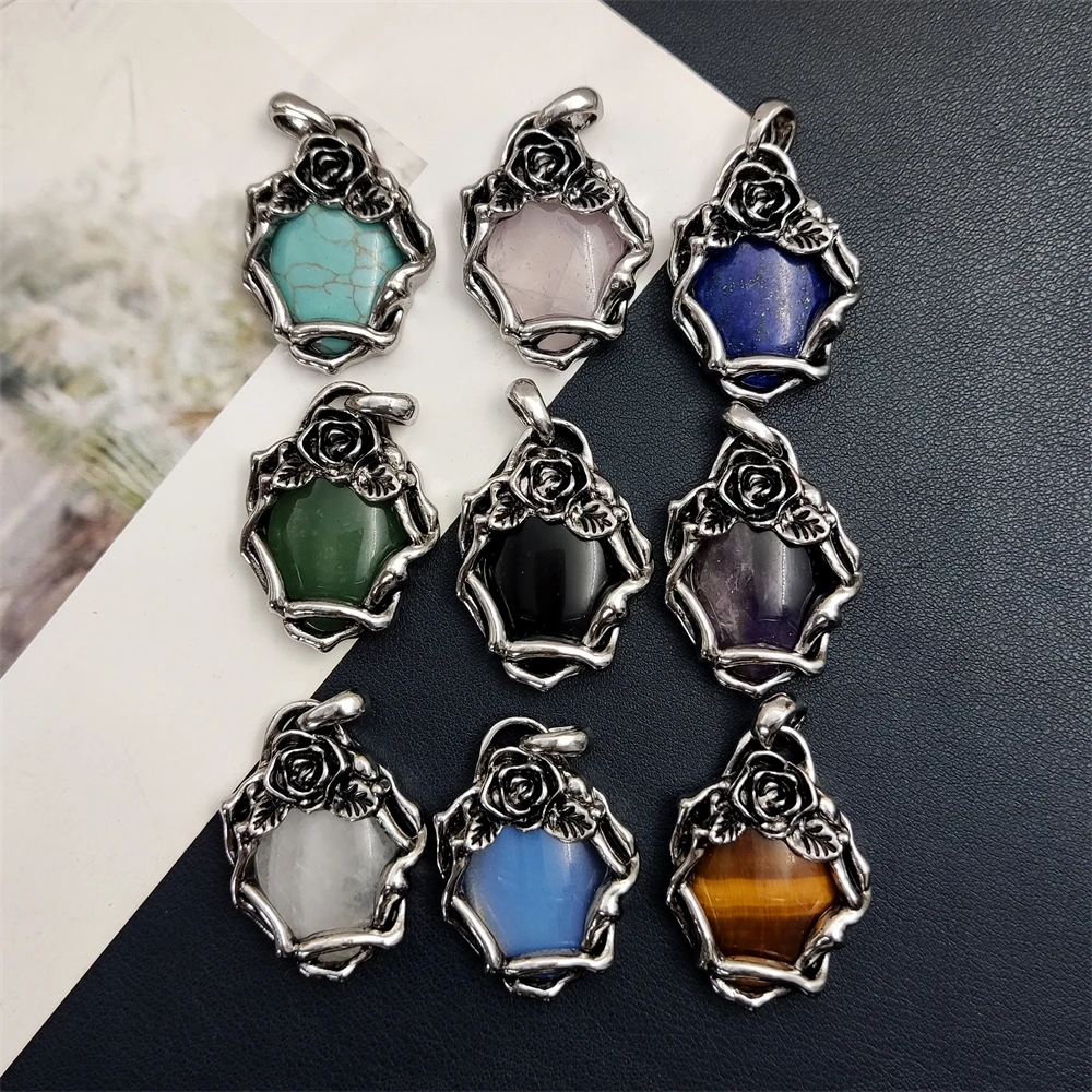 Women Jewelry Vintage Rose Flower Healing Natural Amethyst Crystal Gem Stones Oval Cabochons Pendant Necklace Earrings Set DIY