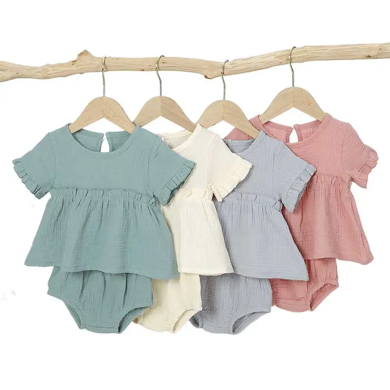 100% Organic Cotton Baby Girl Summer Short Sleeve Skirt Two Piece Sets Snap Button Clothing