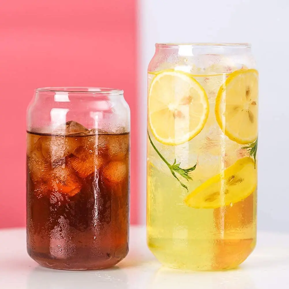 Online Hot 16oz Can Shaped Glass Cups Beer Iced Coffee Drinking Glasses with Bamboo Lids Straw