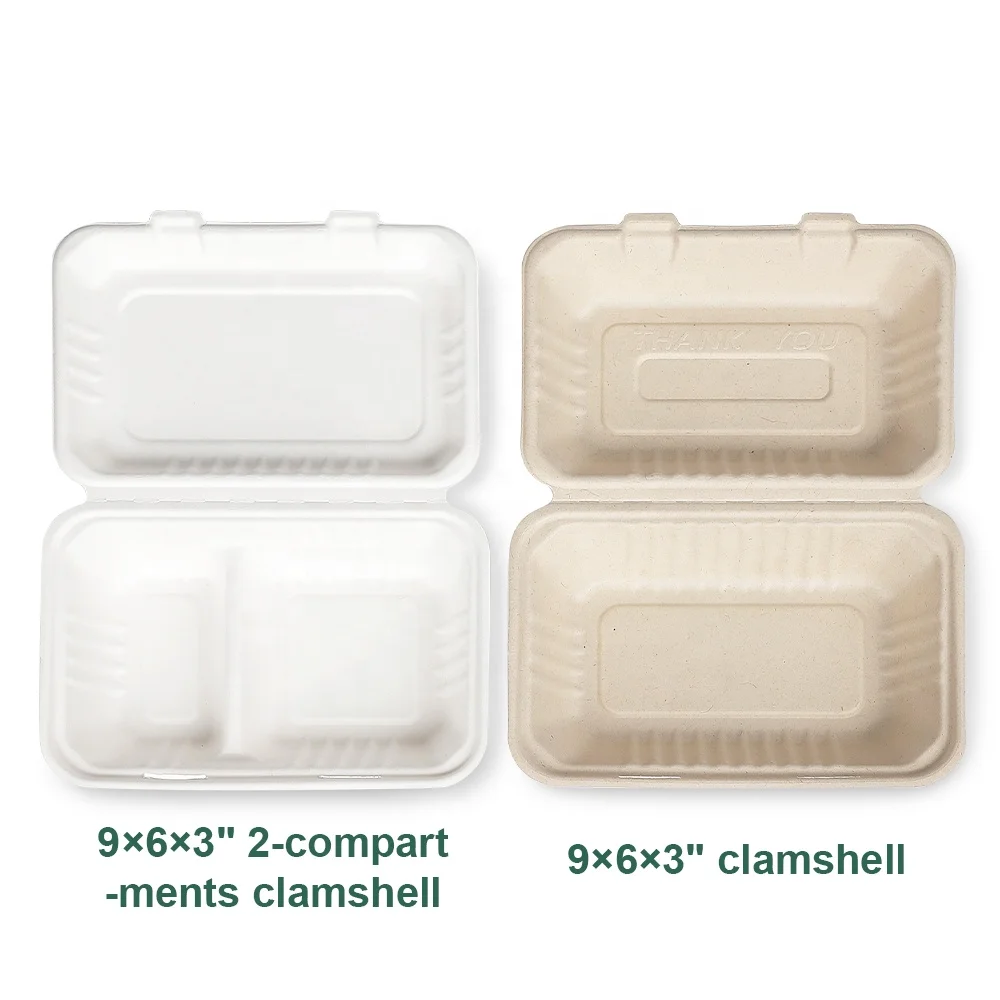 Custom logo restaurant takeaway microwave safe food grade 2 compartment bento box Bagasse Clamshell