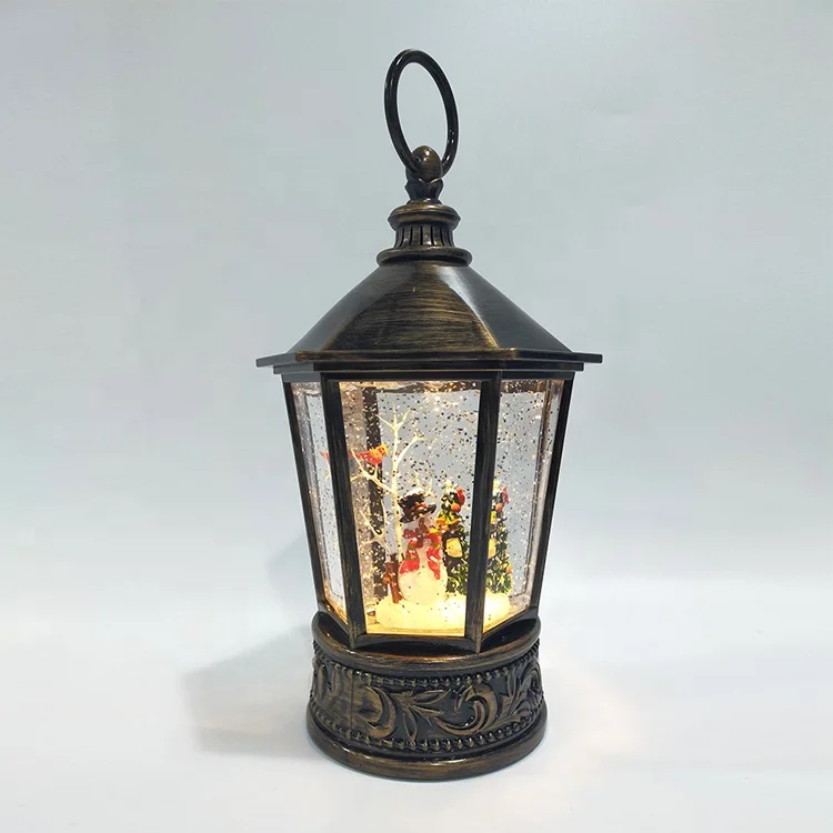 Hot Sale Hexagonal Lights Indoor Swirling Snow Globe Water Glitter Lantern Snowman Christmas Spinning Water Lantern