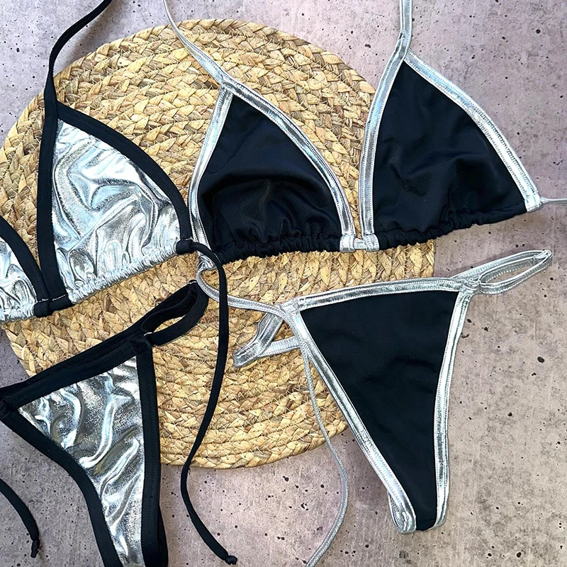Custom Design Metal Logo Bikini Solid Color Swim Triangle Bottoms Metal Logo Hawaiian Swimsuit Metallic Bikini For Women