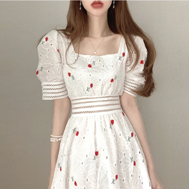 Korean Fashion Square Neck short Sleeve Floral Dress Women Sweet Dresses Clothing Wholesale