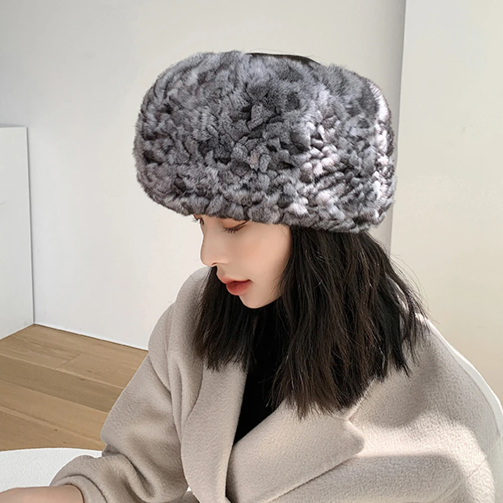 2024 Ladies Winter Luxury Real Chinchilla Fur Headbands Women Chinchilla Fur Neck warmer Hand Knitted Chinchilla Fur Hat