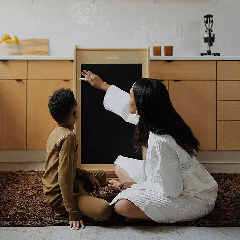 Children Kitchen Step Stool Wooden Climbing Frame Montessori Toddler Learning Tower with Slide and Blackboard Natural for Kids