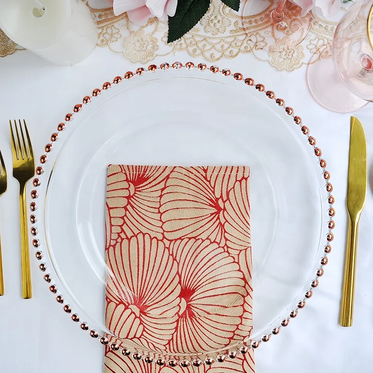 Fashionable crystal under plate rose gold with beaded rim glass charger plates wedding decoration