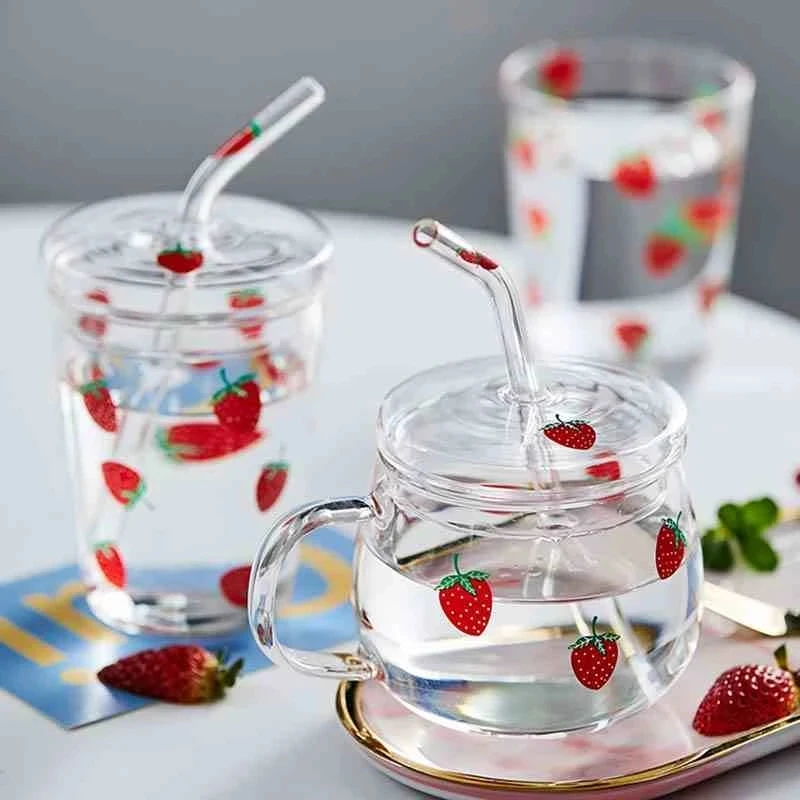 Cute Strawberry Glass Cup With Lid And Straw Creative Heat-resistant Clear Glass Water Juice Cup Household Milk Cup Glass