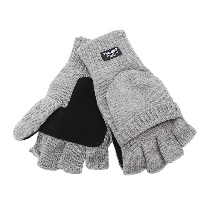 Thinsulate Lined Winter Shell Ragg Mittens Wool Yarn Half Finger Gloves With Pig Split Patch On The Palm Side Fleece Gloves