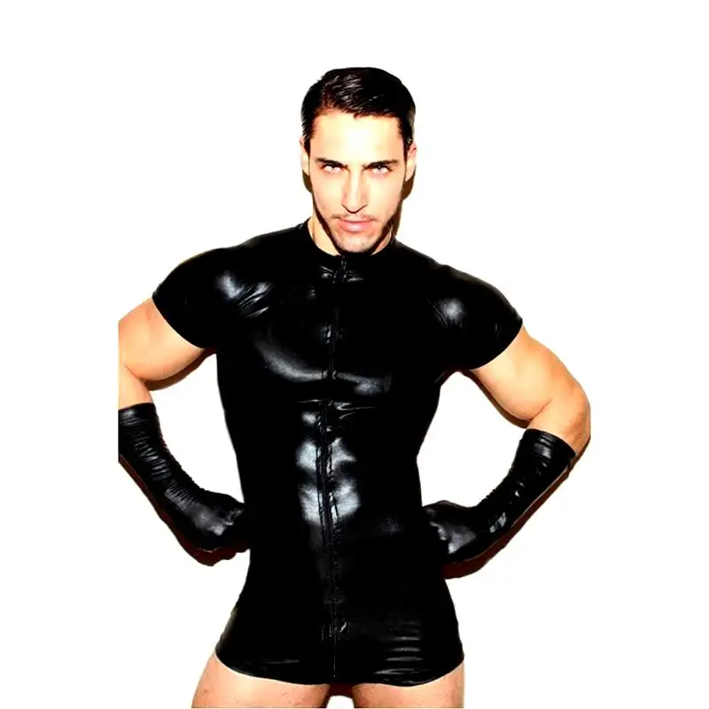 MOGlovers Black Catsuit Latex Stretch PVC Jumpsuit Men Clubwear Mesh Lingerie Bodysuits Sexy
