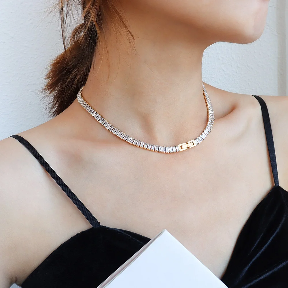 
High Quality Luxury Sparkly Diamond Jewelry 6mm Wide Stainless Steel 18K Gold Filled Cubic Zirconia Necklace Women 