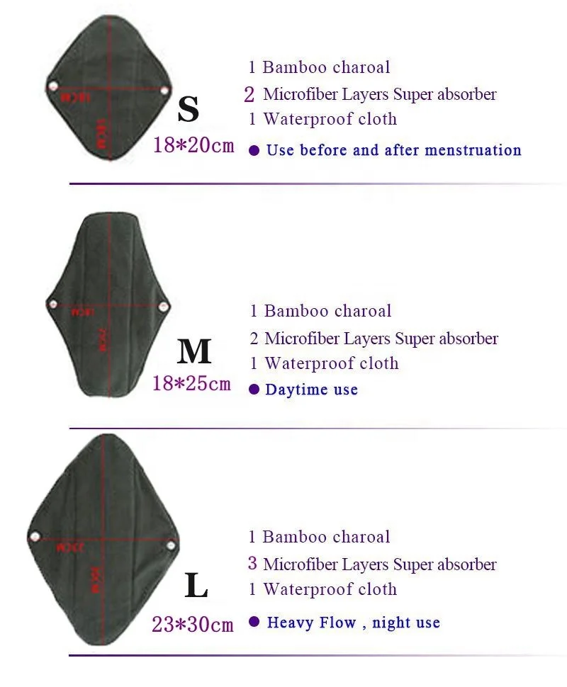 Charcoal Bamboo Reusable Woman Sanity Napkin Pads washable pads