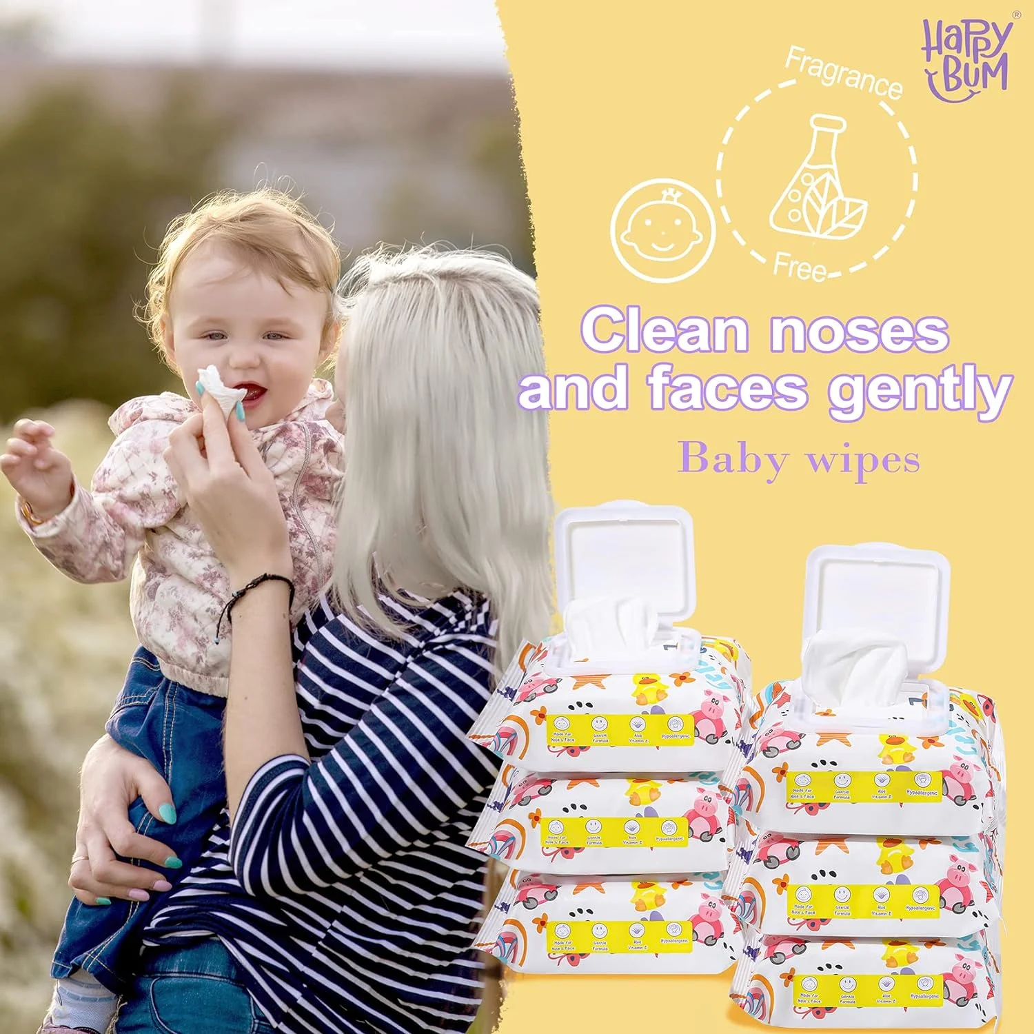 Lookon Custom Logo Hypoallergenic Baby Saline Nose Gum Pacifier Wipes,Unscented Chamomile and Vitamin E Saline Baby Wipes