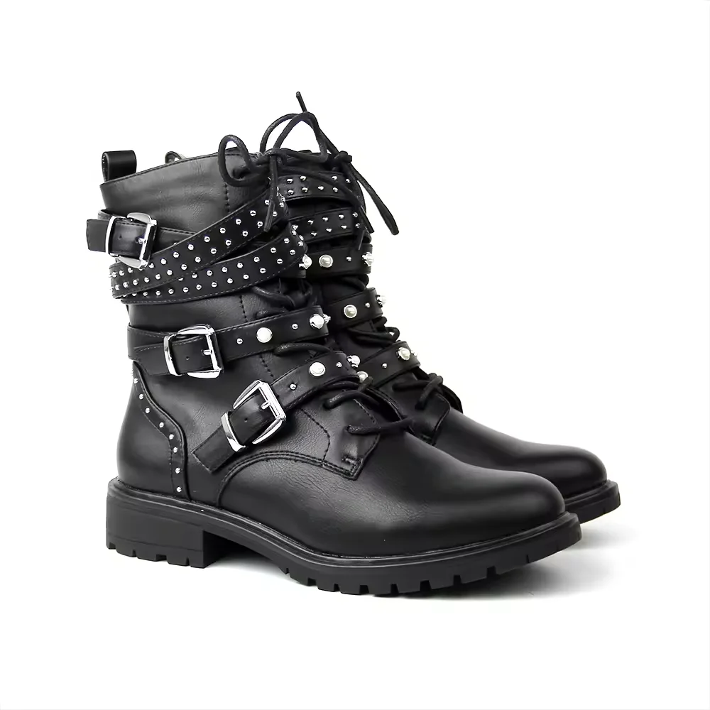 Custom Logo Gothic Punk Style Chunky Heel Boots Women Shoes Big Size Black Wedges Ankle Boots