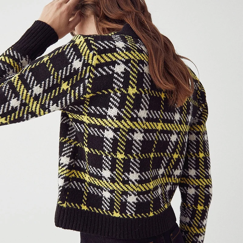 Jacquard Plaid Sweaters Women Fashion Clothes Styles High Quality V Neck OEM Knitted Sweater Cardigan Jacket For Woman