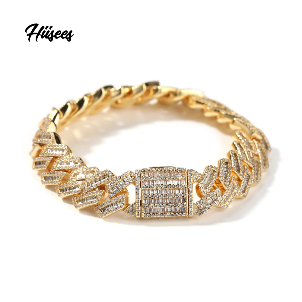 New product 12mm fine jewelry iced out baguette cubic zirconia cuban link bracelets golden chain for men