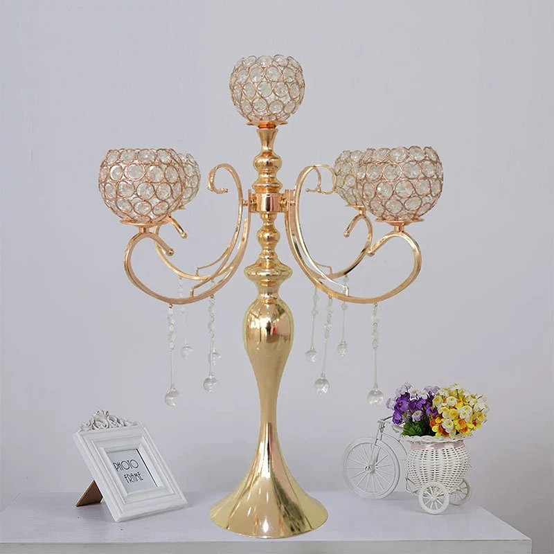 5 Arms Glass Candle Holders Candelabra Crystal Metal Candlesticks Stand Wedding Party Decorative Dining Room Table Centerpieces