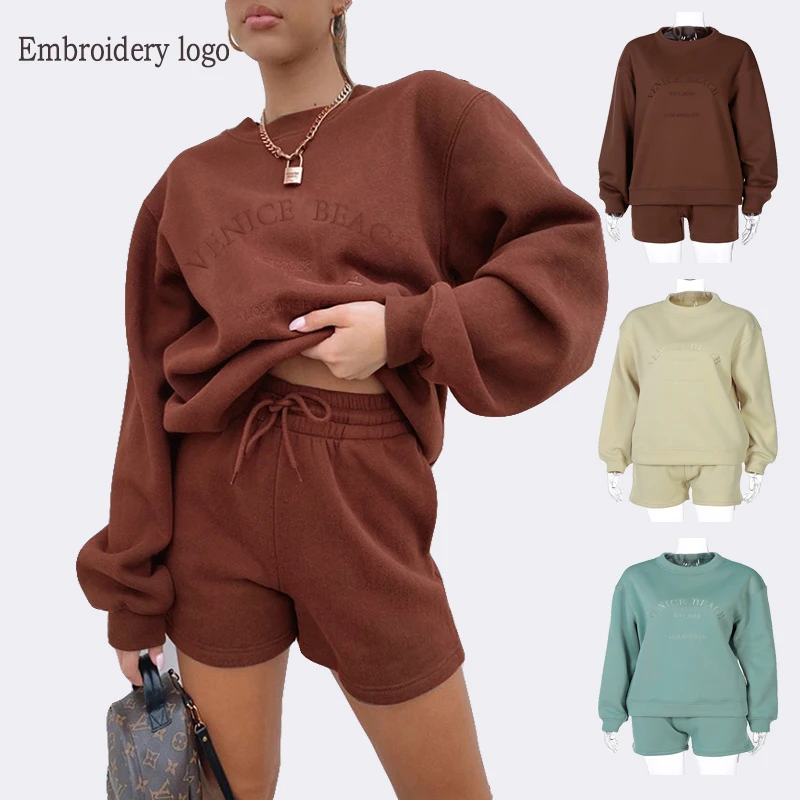 Модная Осенняя женская одежда 2021 Толстовка с вышивкой под заказ из 2 предметов Свитшот женский спортивный костюм шорты Комплект Спортивный Костюм