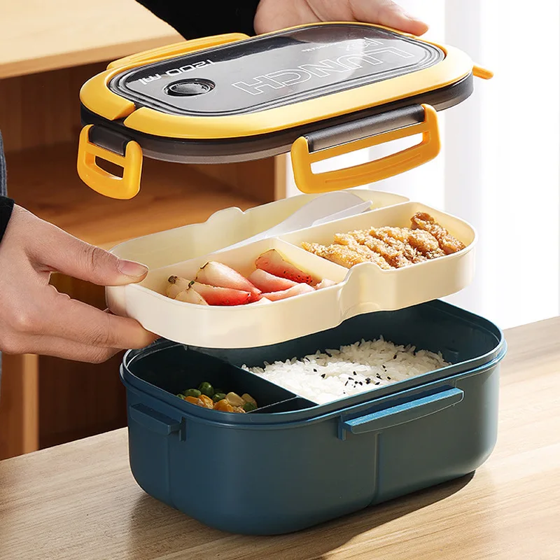3 Portion Lunch Box, 1200ml Bento Box with Cutlery, Microwaveable