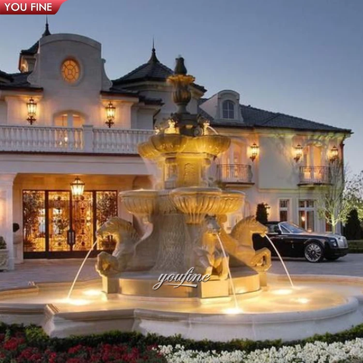 Modern Outdoor Large Natural Stone Marble Garden Water Fall Fountain with Horse Sculpture