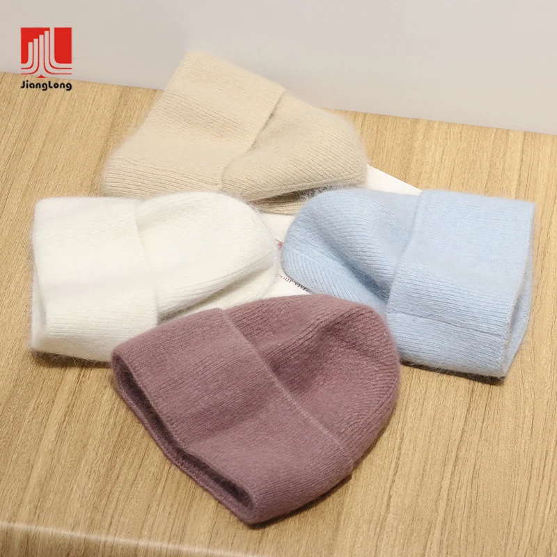 Лидер продаж, оптовая продажа, индивидуальная однотонная вязаная шапка из натурального Ангорского меха кролика, женская зимняя шапка