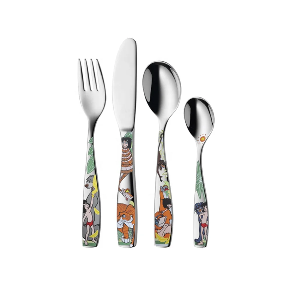 Cartoon Pattern Carving 4 Piece Kids Cutlery Set, Children Tableware Western-style Tableware Copper Cutlery, Fork and Spoon