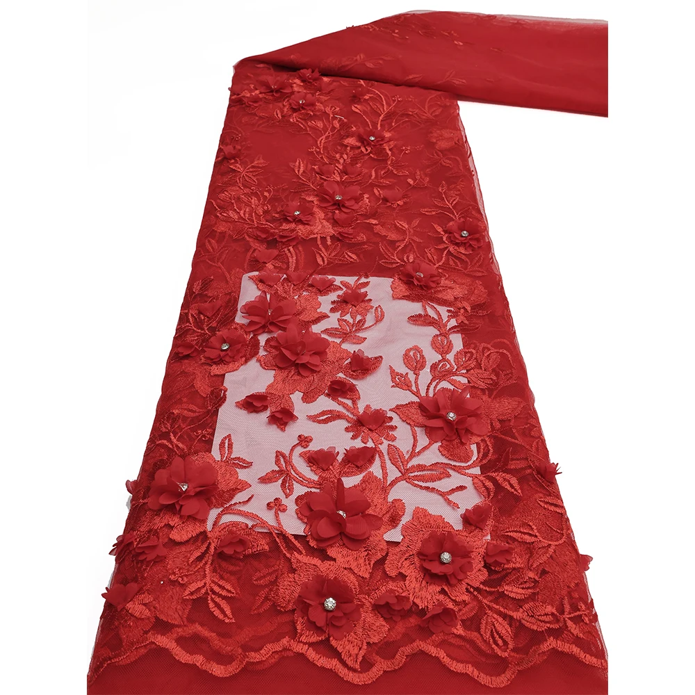 NI.AI Embroidery 3D Flower Lace Net Fabric French Net Lace Luxury Embroidered Lace Fabrics With Stones