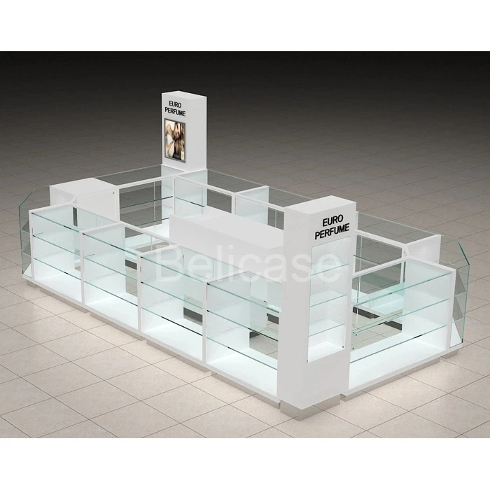 Commercial Shopping Mall Cosmetic Display Kiosk Luxury Design Glass Showcase Cabinet Display Kiosk for Perfume