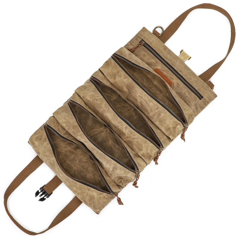 Durable Tool Organizers Waxed Canvas Heavy Duty Rolling Up Tool Bag Organizer For Mechanic Carpenter Electrician Hobbyist