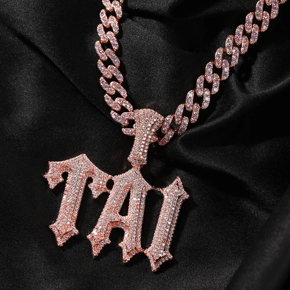 DE Spike Sparkling Fashion Stylish Hiphop Jewelry Iced Baguette Zircon Customized Big Letters Brass Pendant Necklace