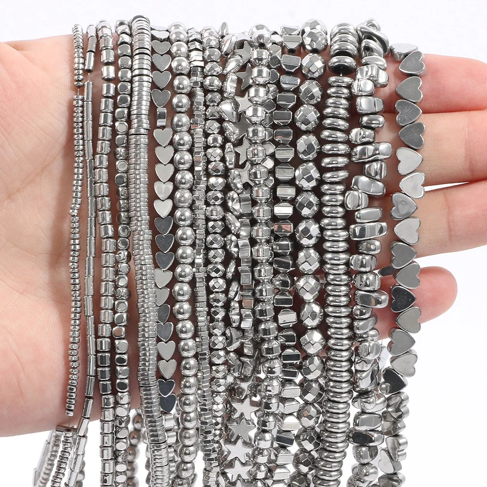 Star/Tube/Heart Shape White Gold Plating Natural Hematite Stone Rondelle Spacer Beads for Jewelry Making DIY