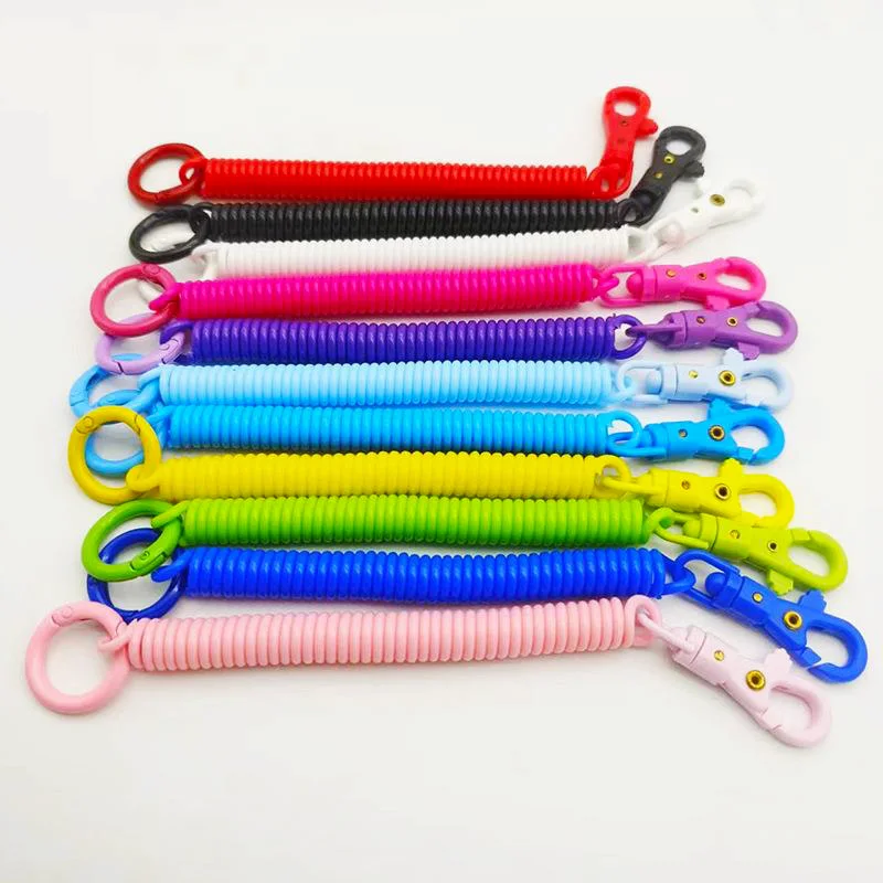 wholesale spiral retractable spring coil keychain stretch cord safety elastic rope key ring with lobster clap