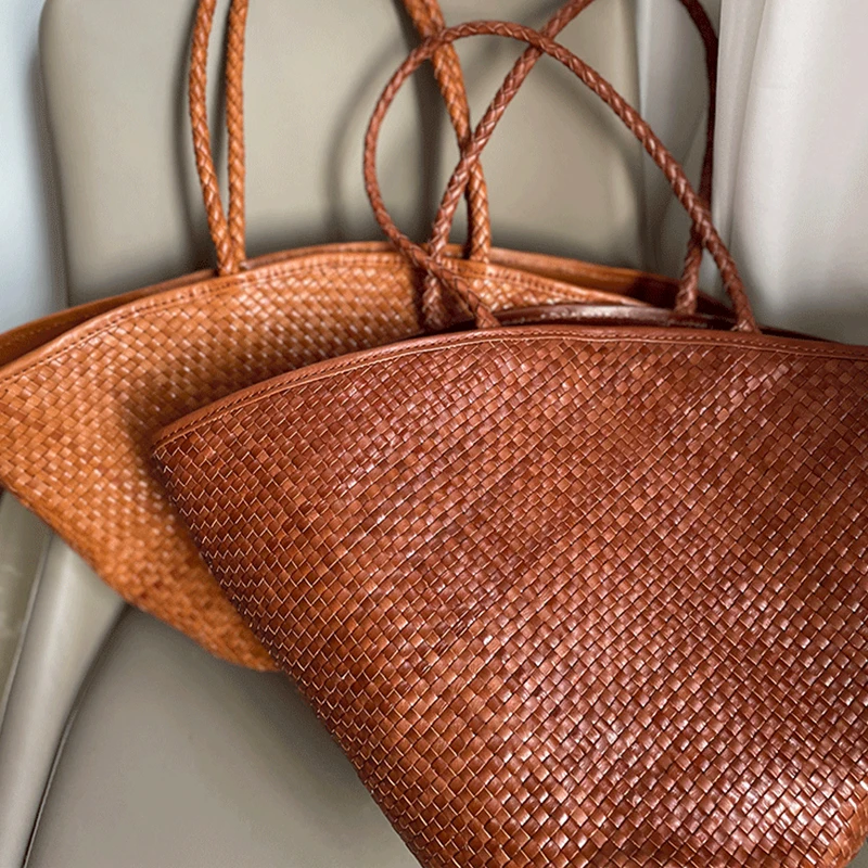 Emg7051 Wholesale Crochet Design Made Beach Summer Luxury Straw Hand Bags Custom Handmade Basket Ladies Leather Woven Tote Bag