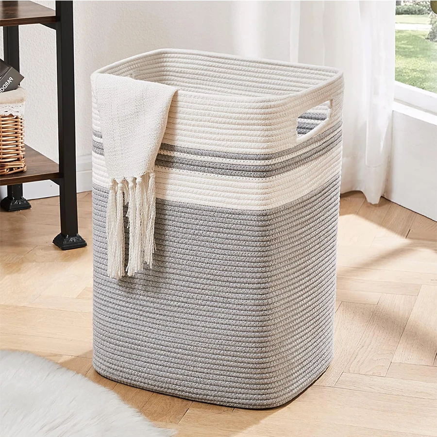 foldable Woven Rope Tall Laundry Basket Collapsible Laundry Hamper Tall Cotton Storage Basket for Toys Pillows Dirty Clothes Bin