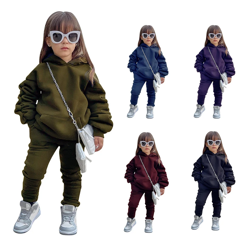 Wholesale Kids Clothing Little Girls Winter Sets Long Sleeve Cotton Solid Color Custom Hoodie Jogger Girls Kids Clothing Sets
