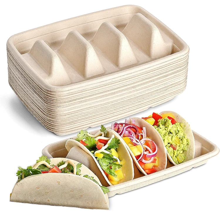 Hot Sale Biodegradable Taco Holder Tray Disposable Sugarcane Pulp Taco Tray for Party supplies