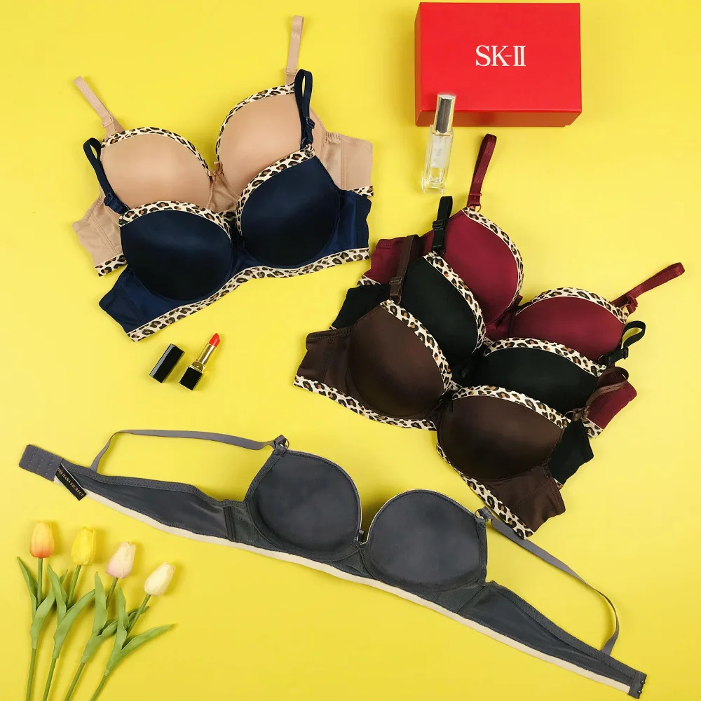 leopard print beautiful back sexy bra glossy underwire thick cup gathered anti sag lingerie wholesale