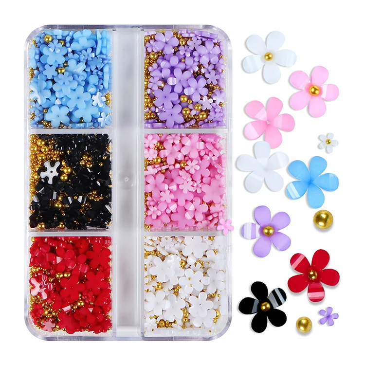 Exquisite Five Petal Flowers 6 Grid Boxed Size Mixed Resin Flower Nail Art Jewelry