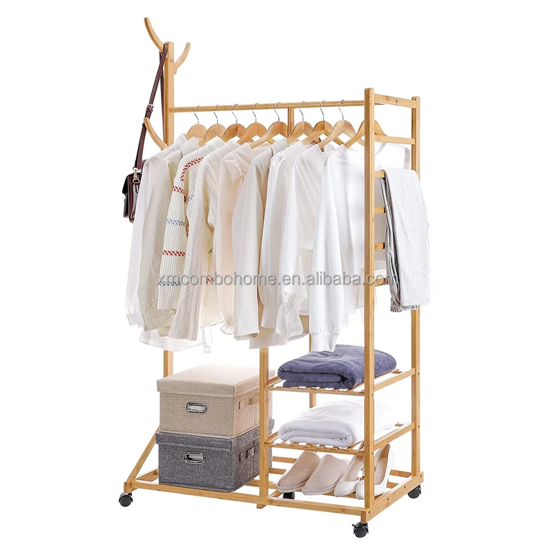 Combohome BSCI Factory Daily Life Living Room Bamboo Clothes Coat Rack Garment Rack With Wheels Bamboo Furniture