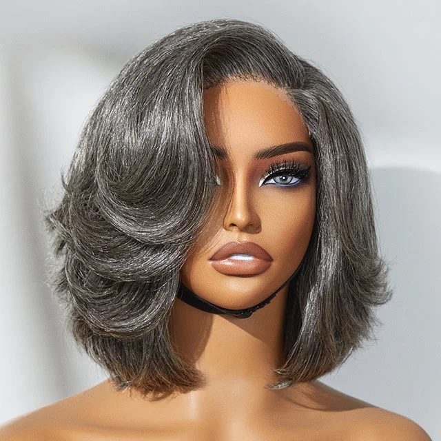 salt and pepper gray wigs for black women,human hair wigs grey salt and pepper,layered cut bob glueless 5x5 13x6 lace wig C part