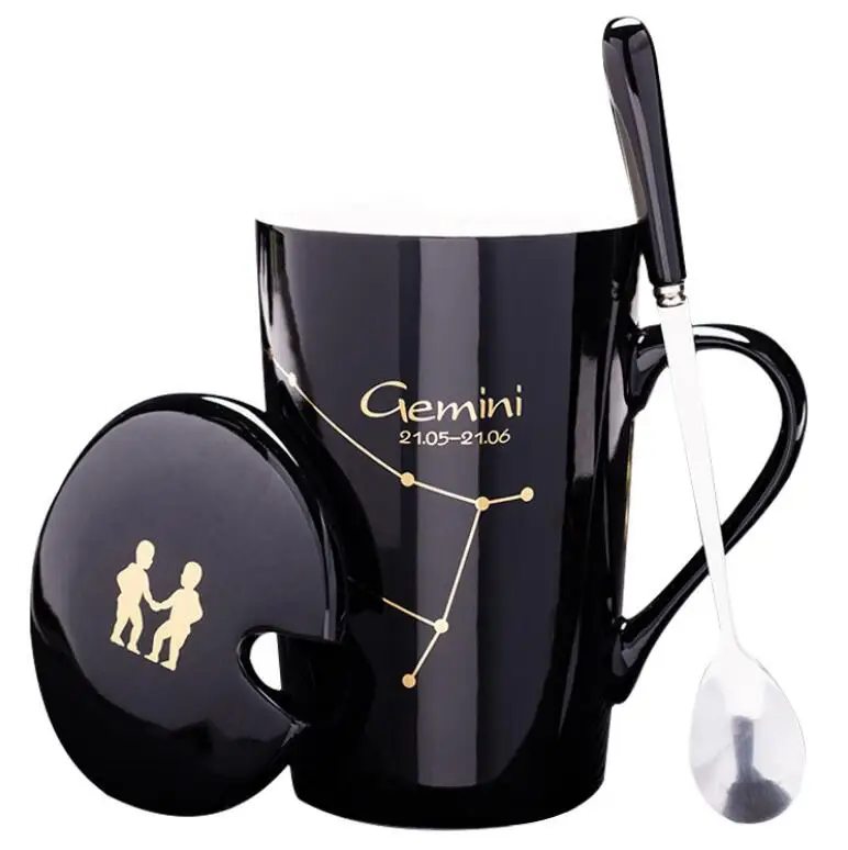 16oz 450ML black and white color constellation ceramic mug coffee cup with lids and spoons