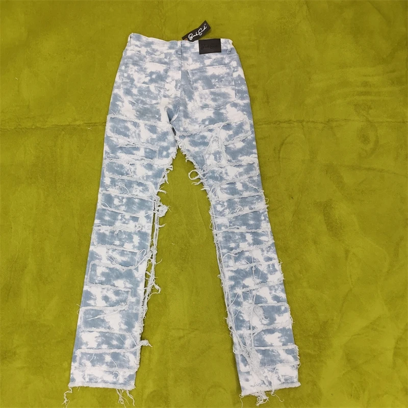 Custom Ripped Distressed Patched Streetwear Washed Camouflage Denim Jeans For Men