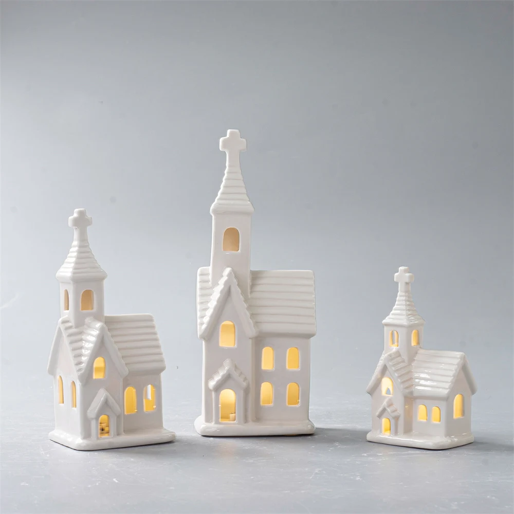 New product ideas 2023 white ceramic lighthouse ceramic white tea light house  chimney cottage church candle holder for decor