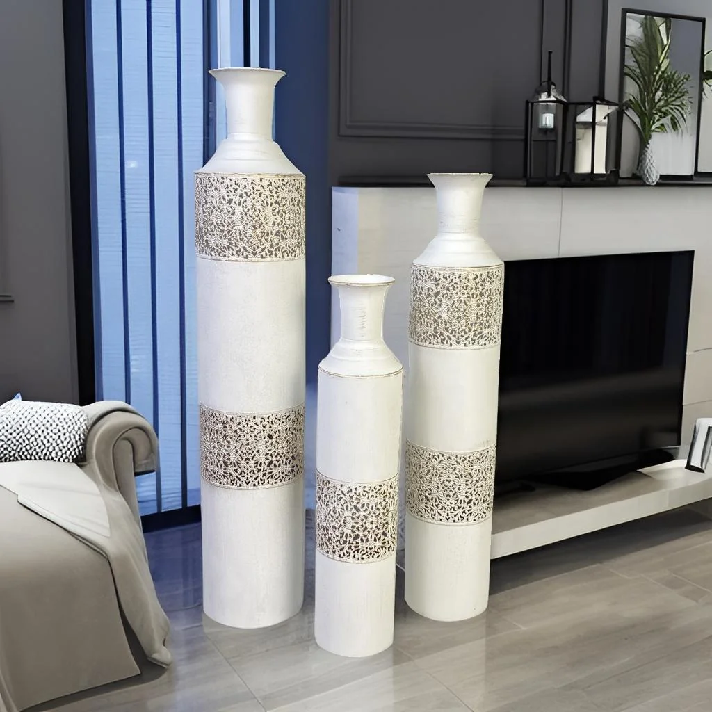 Lander Decorative Vintage Extra Large Metal Flower Vase Set of 3 Big Floor Tall White Vases for Home Decor Living Room
