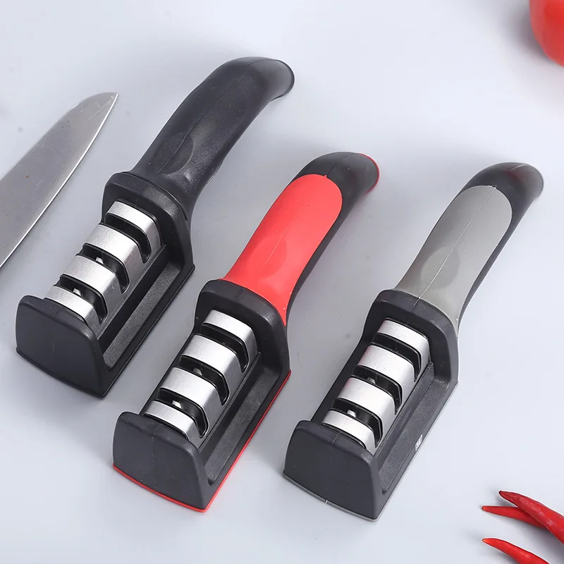 RAYSHINE kitchen professional 3 stages portable handheld self sharpener knife tumbler rolling steel knife sharpener