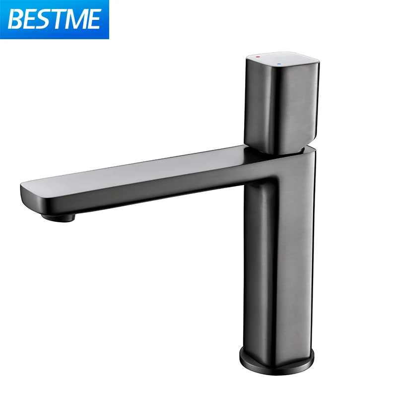 Латунный кран для раковины с керамическим картриджем круглой формы серого цвета