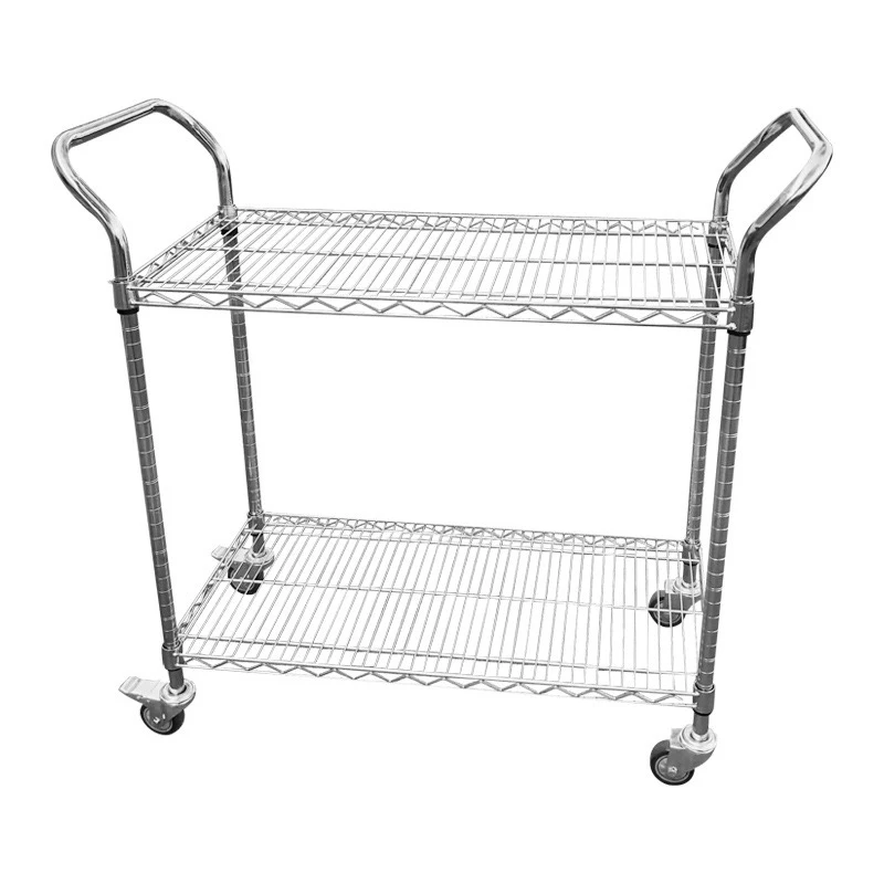 Chrome polishing steel material cart grid cart two layers adjustable metal wire mesh trolley with two handles