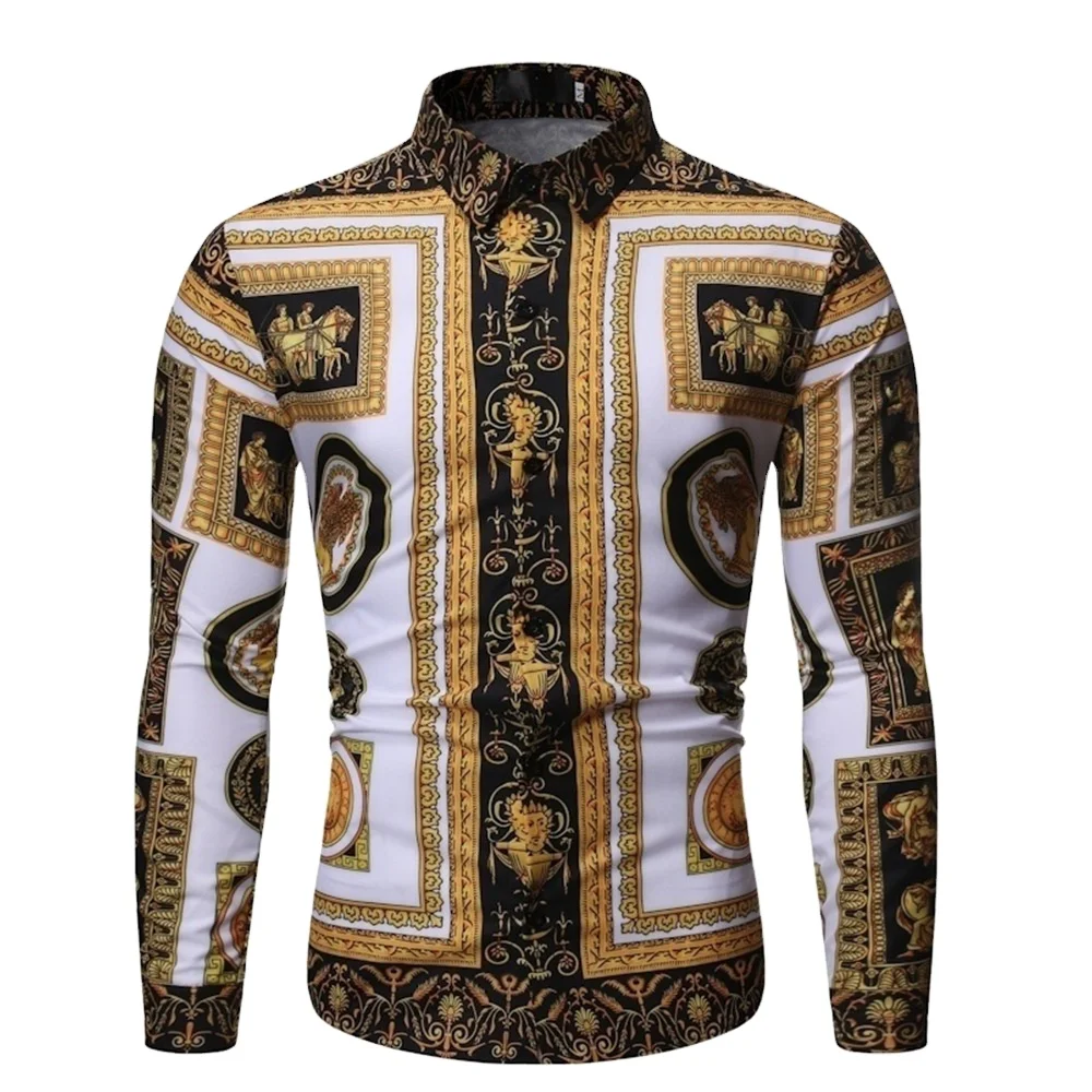 New Fashion Mens Baroque Floral Royal Shirts Luxury Brand Print Designer Dress Shirts Fancy Slim Casual Club Style