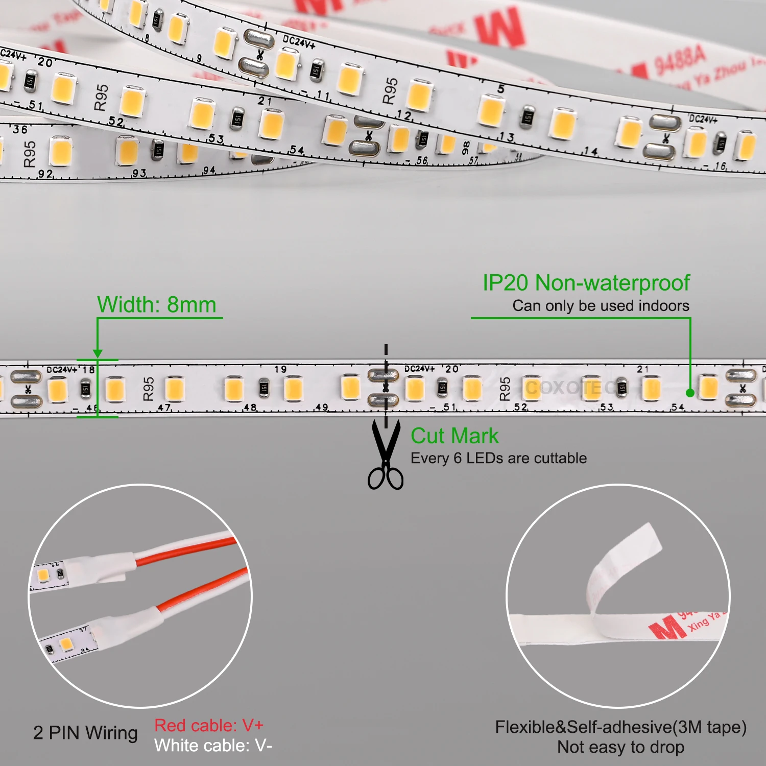 High Lumen Brightness 2835 Led Light Strip 10m 120led warm white 3000K 12V 24V CRI 95 2835 Smart Led Strip Light
