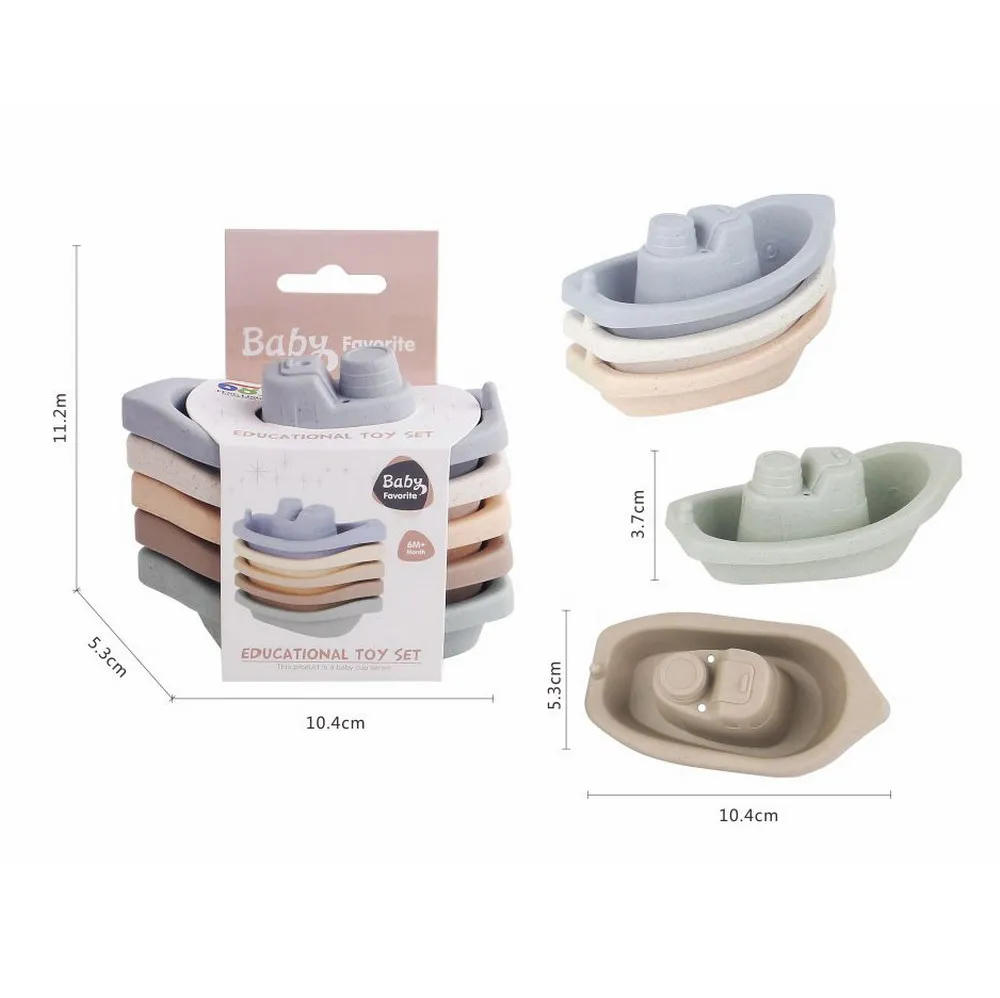 Custom Hot Selling Bathroom Cartoon Baby Stacking Ship Set 5 Piece Eco Friendly Wheat Straw Recyclable Plastic Boat Bath Toy