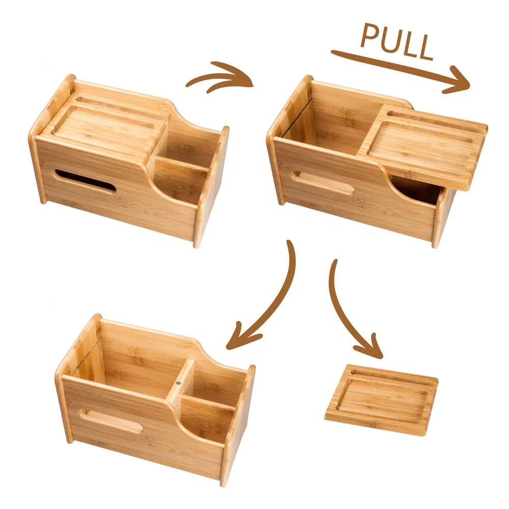 custom made Eco-friendly Office Desktop Stationery Bamboo Wooden Desk Organizer With Tissue Box